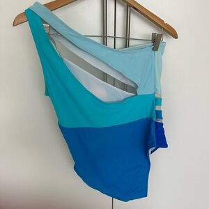 Colorblock One-Shoulder Women's Top in Light Blue & Teal